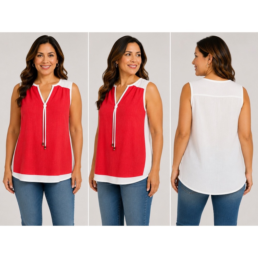 Calvin Klein Womens XL Red‎ White Linen Blend Sleeveless Tie Neck Blouse Top